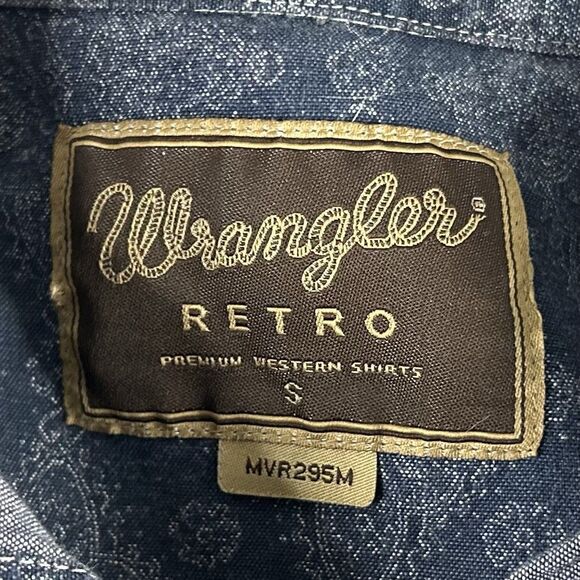 Wrangler Retro Small Western Pearl Snap Shirt Blue Denim Paisley 100% Cotton - Picture 3 of 5